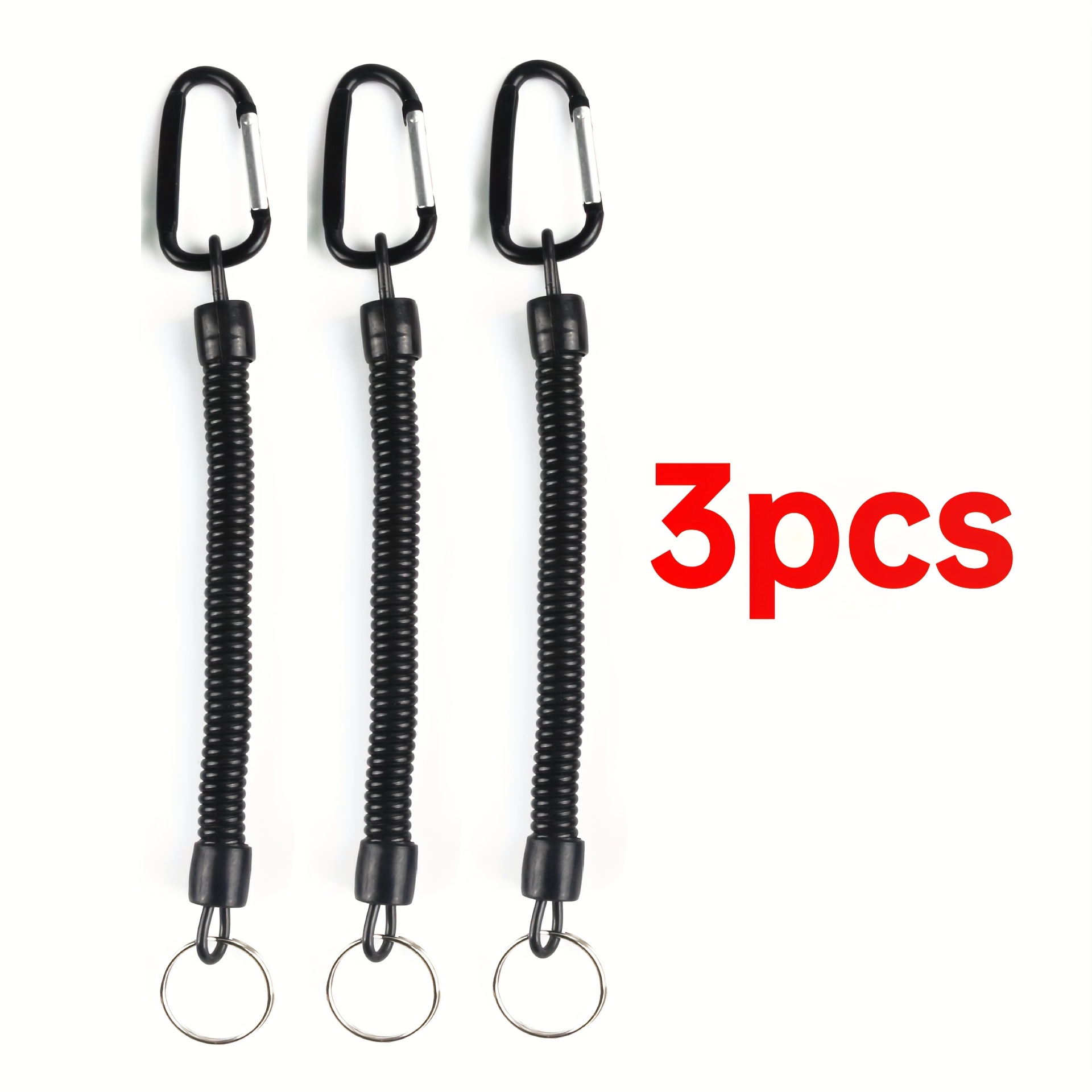 TEMU Set Of 3 Black Spiral Keychains Featuring A Retractable Safety For The Wrist, Adjustable From 8.46 Inches To 47 Inches, Complete With Rings. The