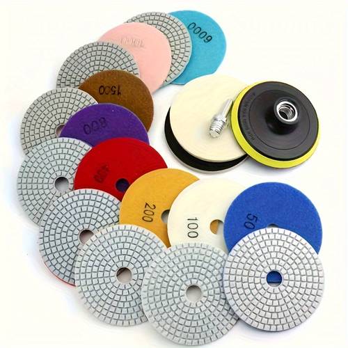 set of 12 polishing pads 4 inches in size suitable for wet or dry use on with grit ranging from 50 to 6000 designed for drills grinders and polishers ideal for concrete countertops and quartz