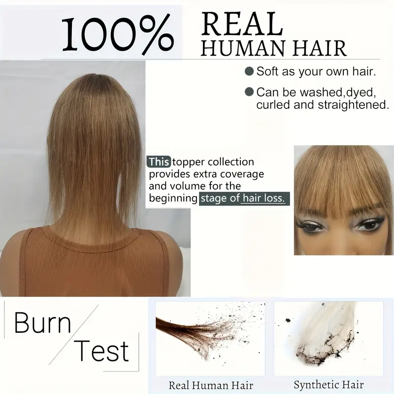 360 coverage human hair topper wig with bangs straight clip in hairpiece for thinning hair 6 color hair extensions for women natural look versatile styling hair wig hair volume enhancer texture details 5