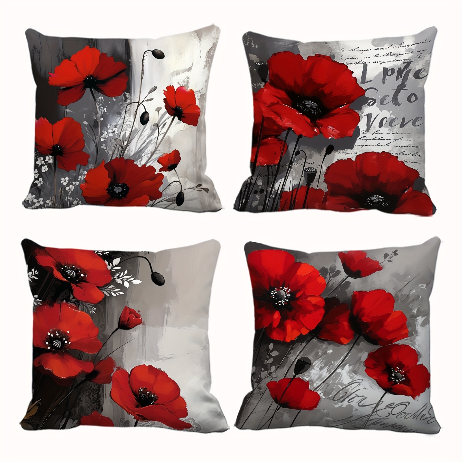 Image of 4pcs Pillowcase Set, Oil Painting Art, Decorative Patterns Including Rhoeas, For Home And Outdoor Holiday Decor, Single-sided Print, No Pillow Insert Included