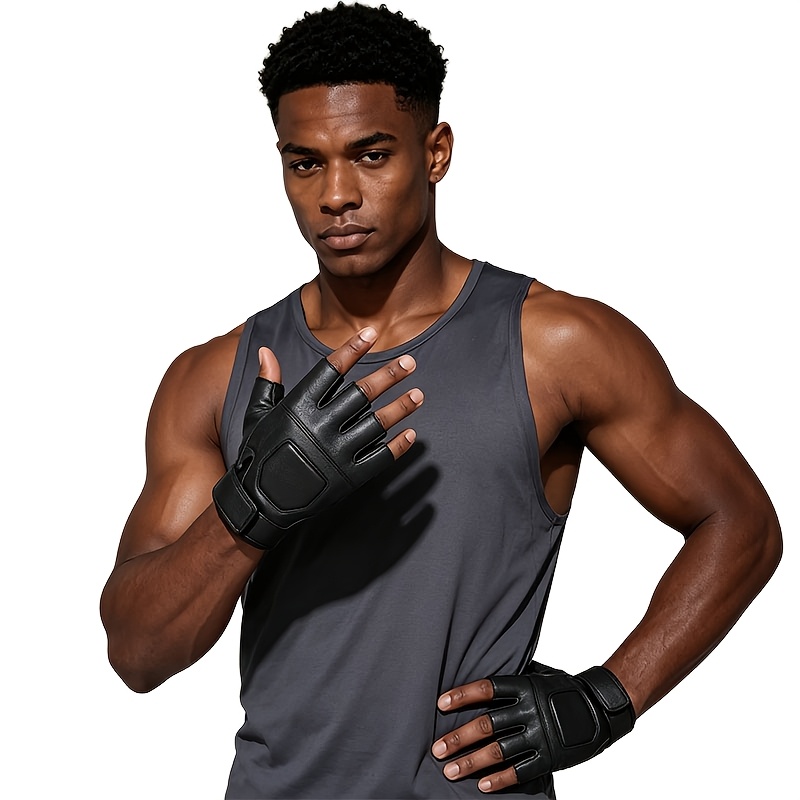 TEMU 1 Paire de Gants de Fitness Noirs Demi-Doigts, Respirante à Doigts , Unisexe, Fabriqués en Matériau PU Durable, Adaptés à l'Entraînement , la