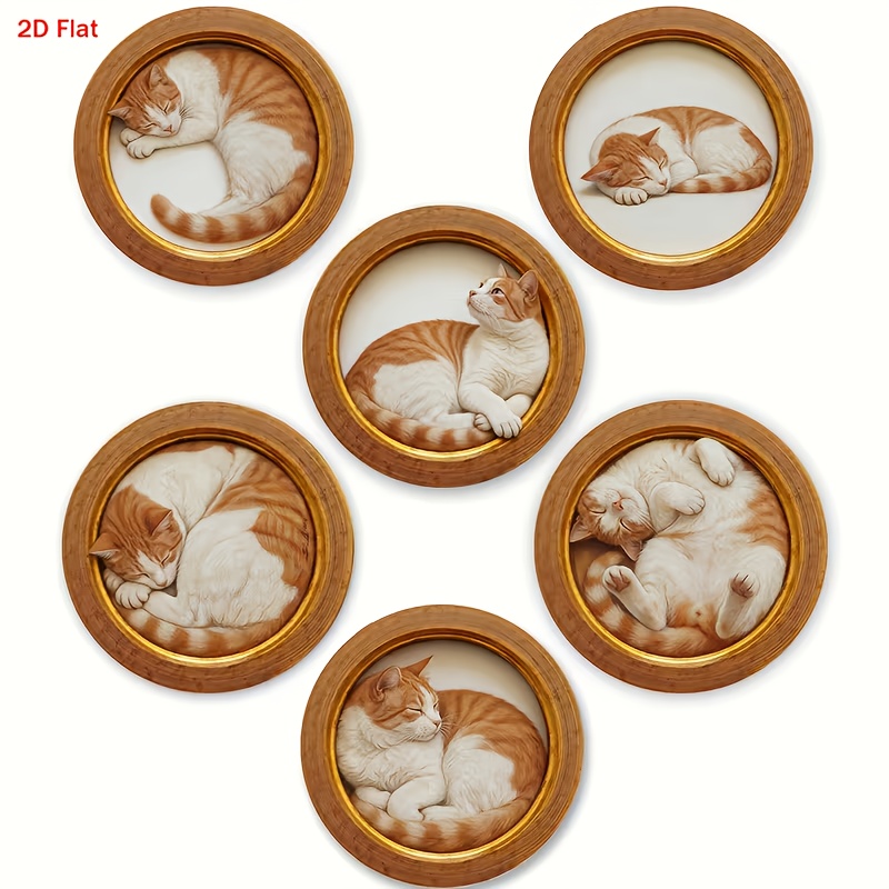 TEMU 2d Flat 6pcs Set, Orange White Cat Pattern Wooden Coasters, Suitable For Home Gatherings, Coffee Shops, Offices, , Home Decor New Year Gift