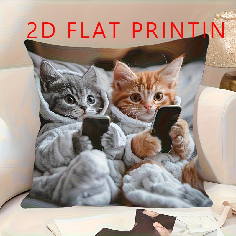 Image of 2d Flat - 1pc Of 2d Flat Printed Decorative Pillow Cover Featuring A Gray And Orange Hooded For Smartphones, With A Suitable For Home Use, Without Pillow Insert