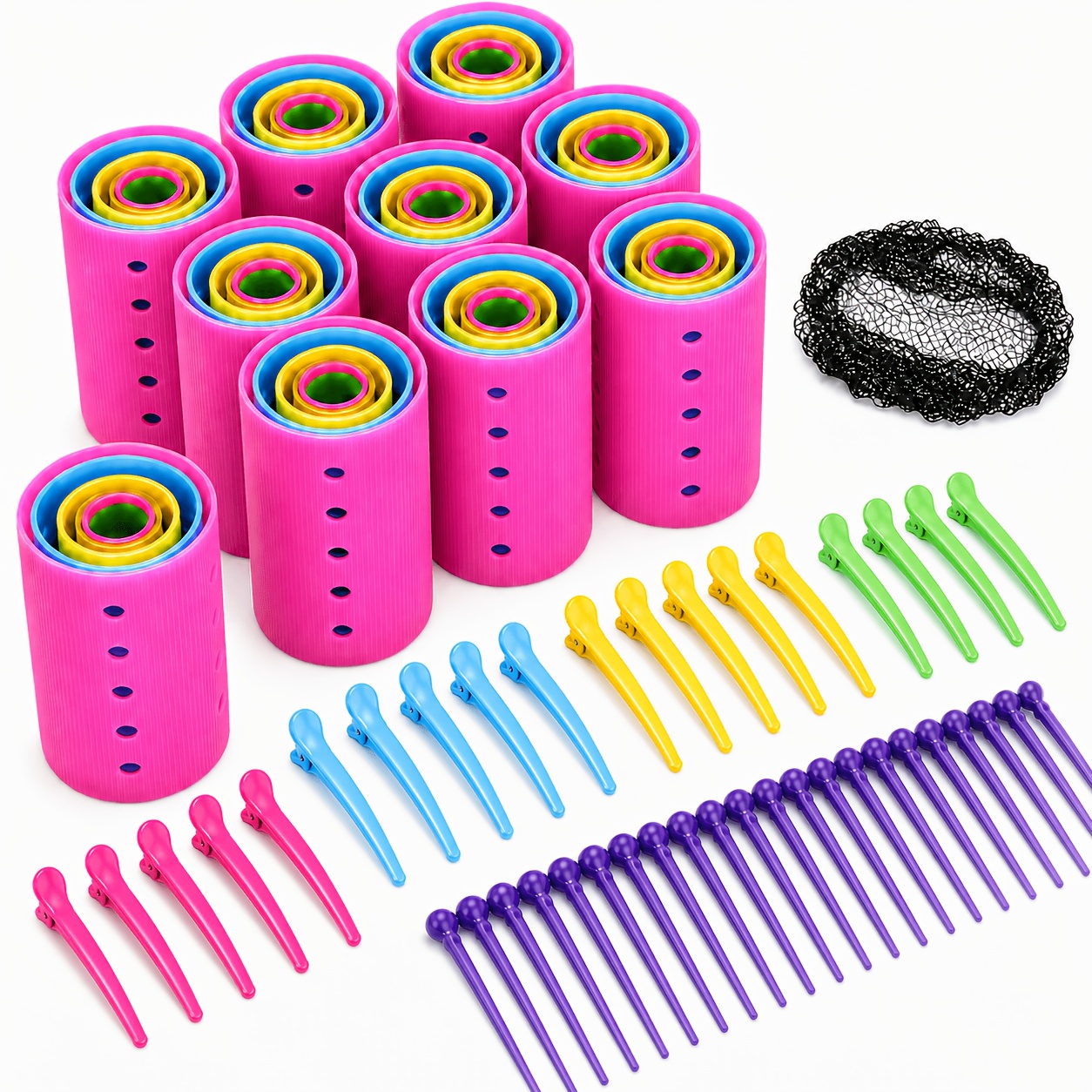 TEMU 141pcs Hair Curler Set - Includes 60 Plastic Curlers (6 Sizes), 20 Clips, 60 Hair Styling Pins, 1 Hair Net, Women's Hair Styling Tools, Curling