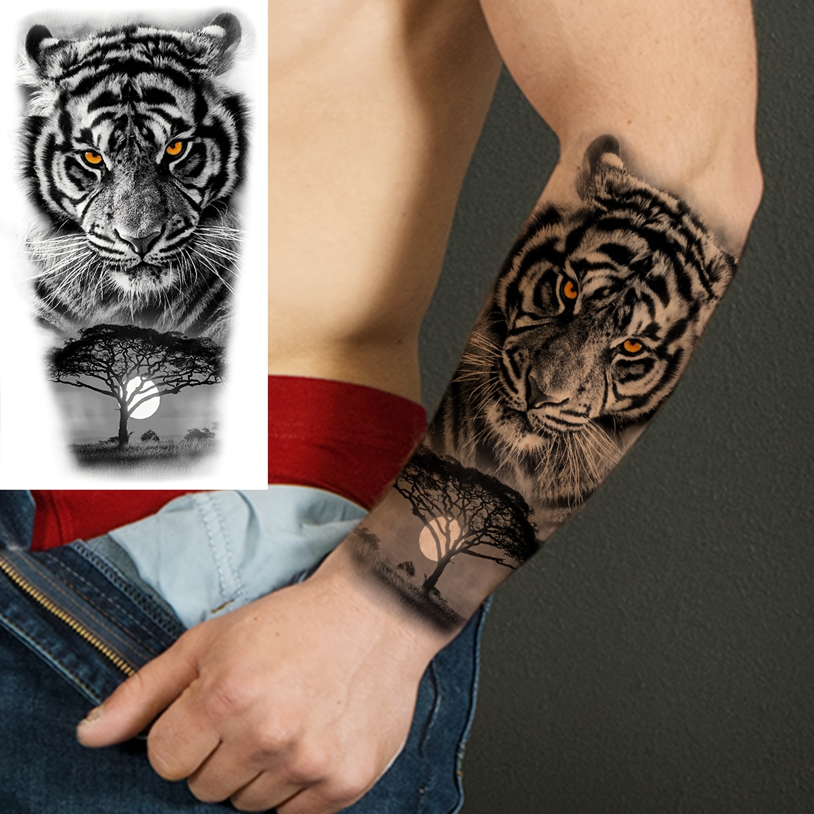 

Realistic Tiger King Temporary Tattoo Sticker - Waterproof, Long-lasting Fake Sleeve For Arms & Legs, Perfect For Men & Women