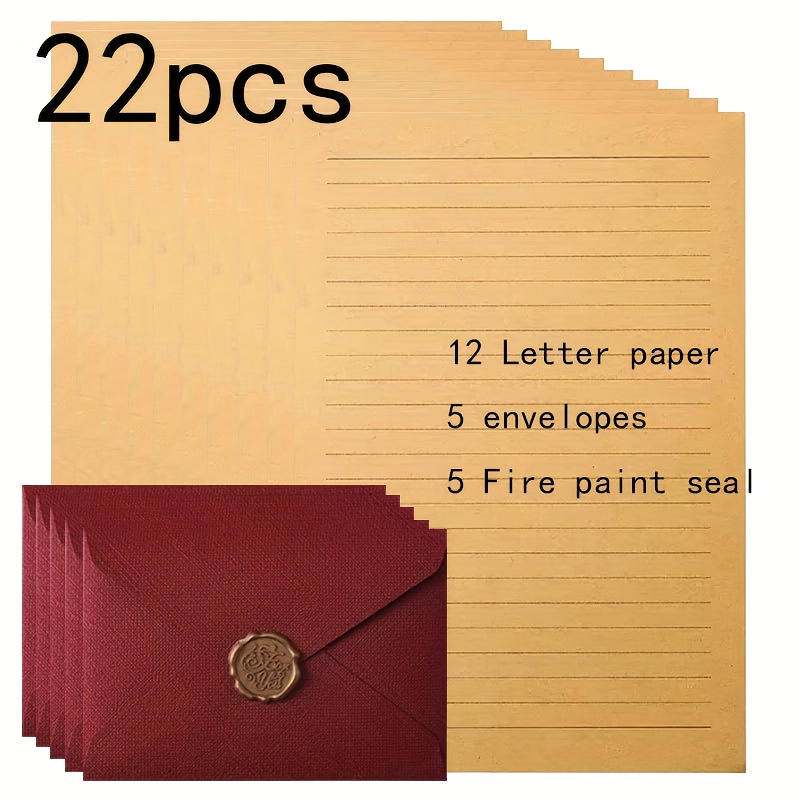 Image of 22pcs, Retro Cowhide Letter Paper Red Linen Envelope Set, Paper For Handwriting, Handwritten Love Letter Stationery, Includes 12 Letter Paper + 5 Envelopes + 5 Wax Seals