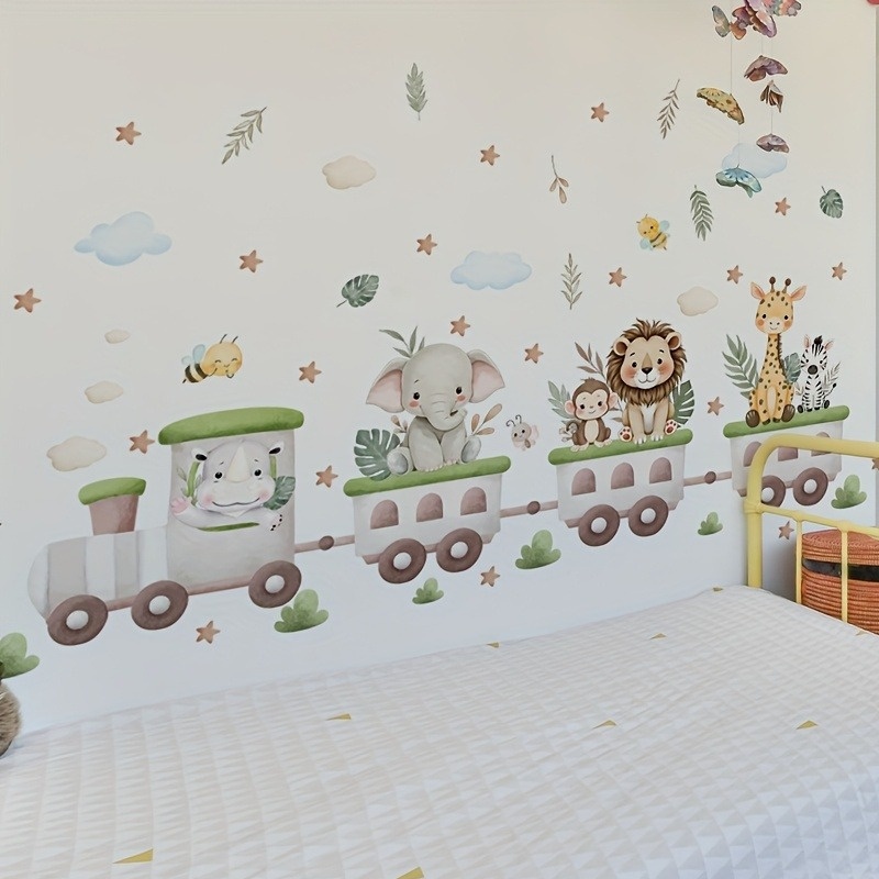 Image of 40 X 80cm Adorable Animal Train Stickers: , Elephant, Lion, Giraffe, With Star Wall Stickers For Bedroom Living Room Home Decor And Wall