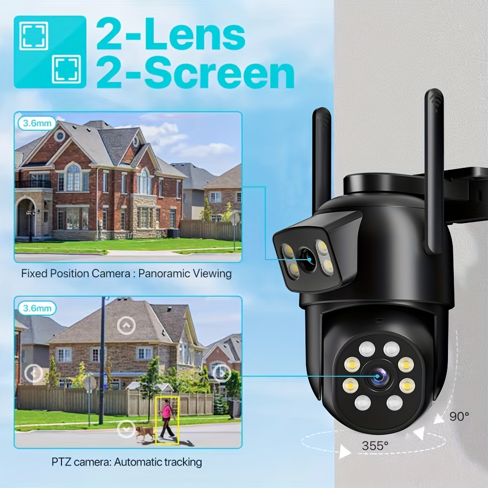 Wireless Smart Outdoor Dual Lens Security Camera, PTZ 360° View Surveillance System, AI Human Detect Camera, Color Night Vision, 2.4/5G WiFi, Auto Tracking, High Quality, Mobile App, Property Protection, Sleek Design, Durable Construction, Smart Home Device, Techsavvy Users, Camara De Vigilancia Con Seguimiento Inteligente, Street Video Surveillance Cameras, Home Surveillance Cameras, Icsee, Cameras, Outdoor Surveillance Cameras