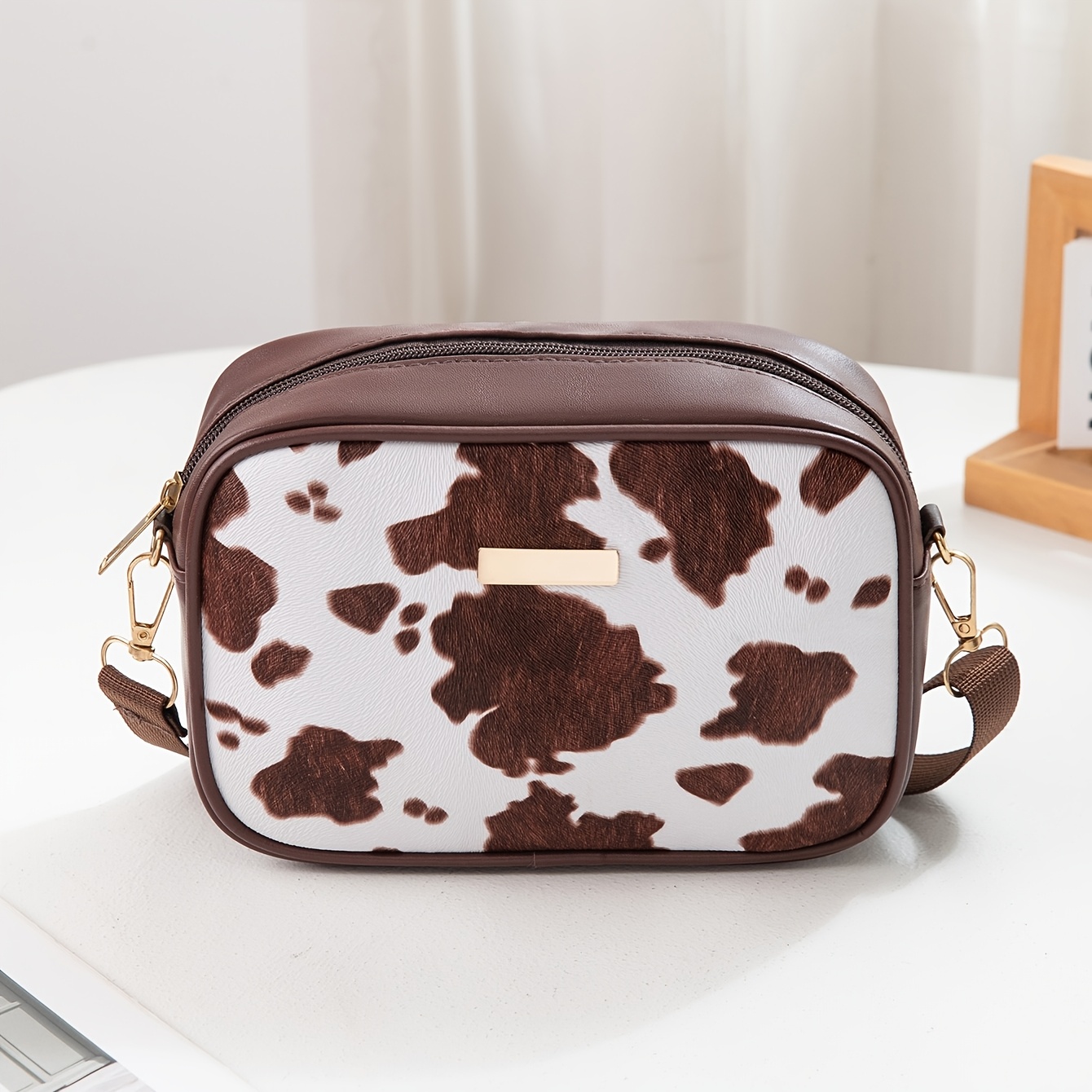 TEMU Versatile Everyday Mini Crossbody Bag, Fashionable Cow Print Single Shoulder Bag, Vintage Style Pu Contrast Color Handbag For Women, Suitable As