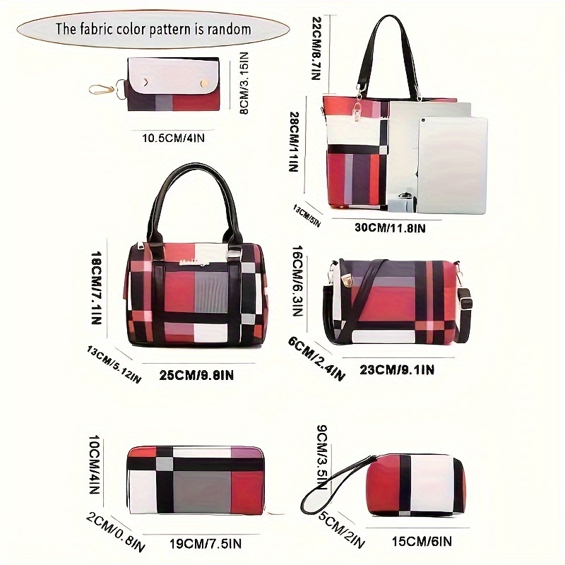 6pcs set large capacity checkered pattern shoulder bag with simple handbag crossbody bag clutch bag long short wallet details 1