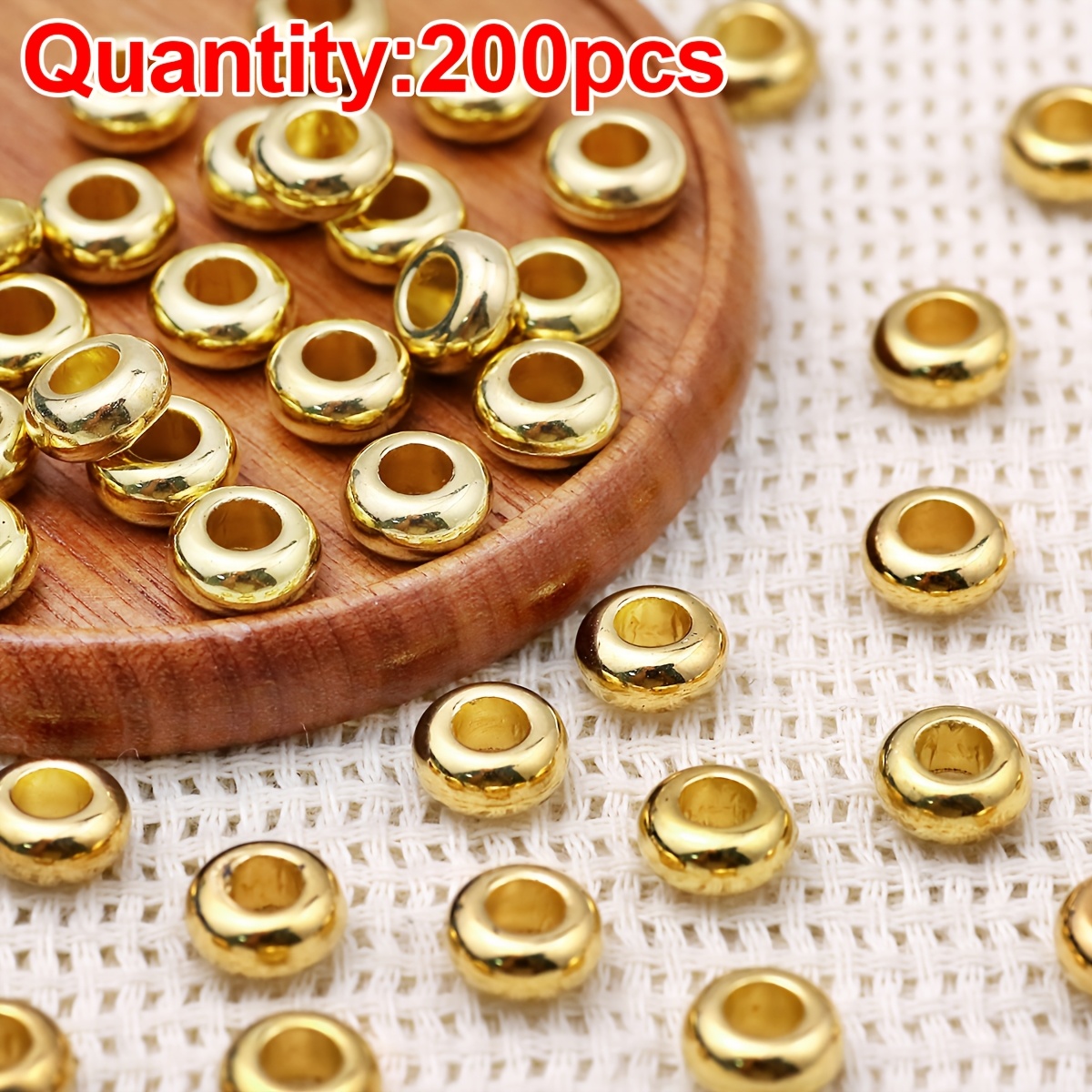 TEMU 2D Plat - 200pcs 10Mm Perles d'espacement plates à grand trou doré, Assortiments de perles, Fournitures de perles pour bracelets, , breloques de