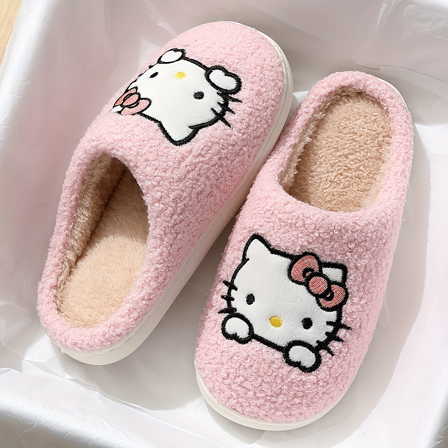 Image of Hello Kitty Women's Plush Winter Slippers - Cute -on Home Shoes, Eva Thick Sole With Fleece Soft Lining And Kitty , Suitable For Indoor Wear, Women Shoes