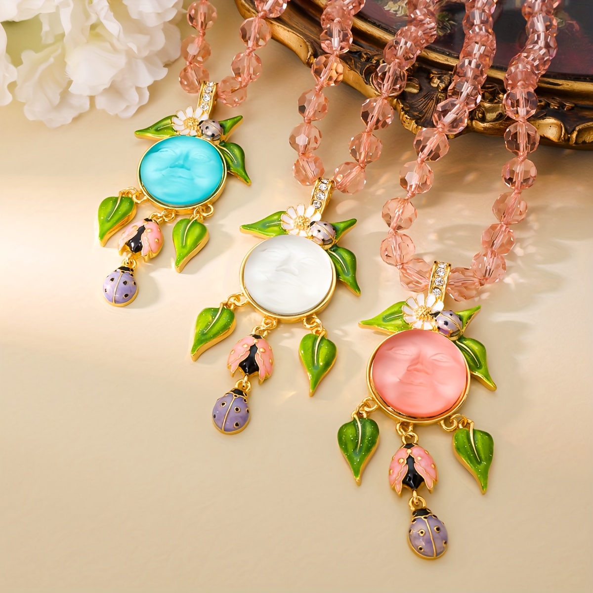 Vintage Enamel Drop Necklace with Rhinestone Accents
