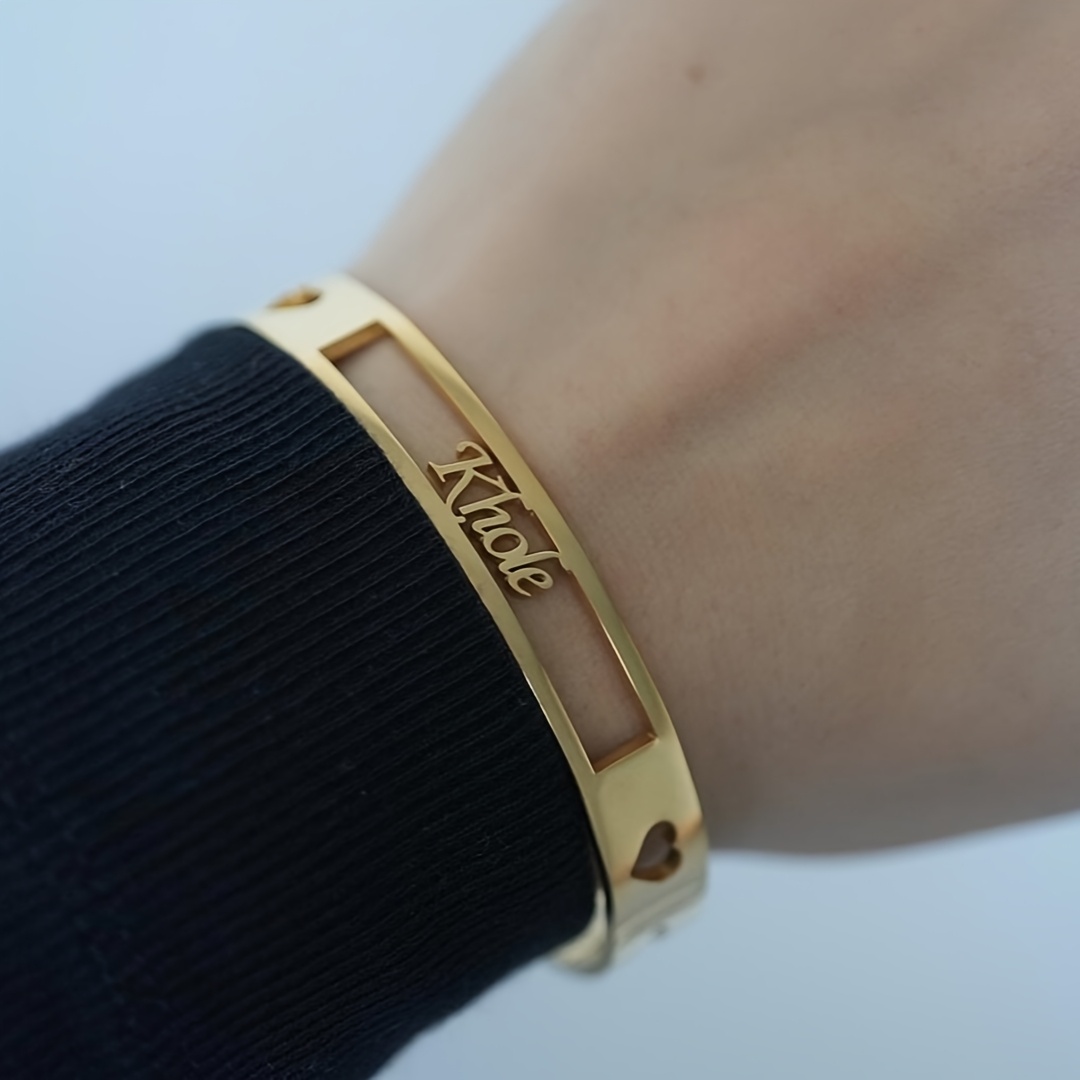 TEMU Custom Engraved Name Bracelet, Stainless Steel Hollow Heart-shaped Bracelet, Adjustable Open Bangle, Elegant Women's Jewelry, Suitable For Daily