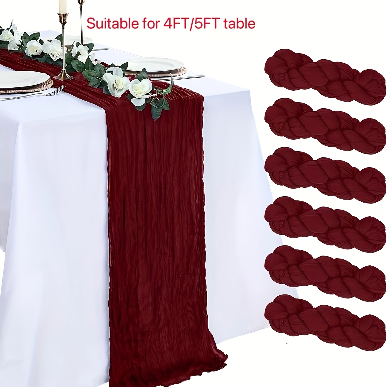 TEMU Juego de 6 manteles de gasa de 6 pies color borgoña, mantel de otoño para mesas de 4 pies, gasa transparente rústica bohemia para decoración de