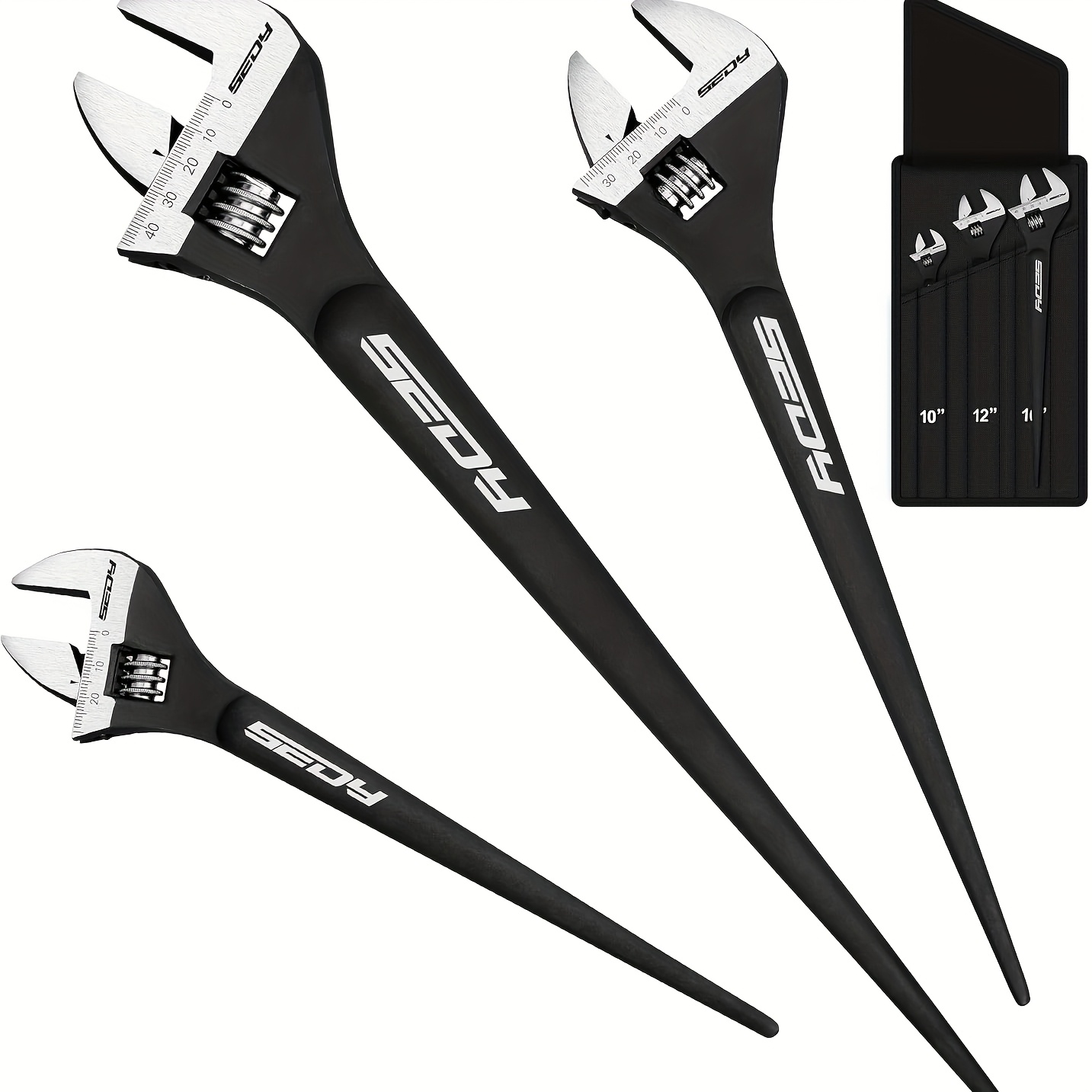 TEMU 3-pcs Adjustable Spudger Wrench Set, 10in 12in 16in Shifter, Black Oxide End, Steel, Sae And Metric Scale Marked, Alignment Holes And Tail