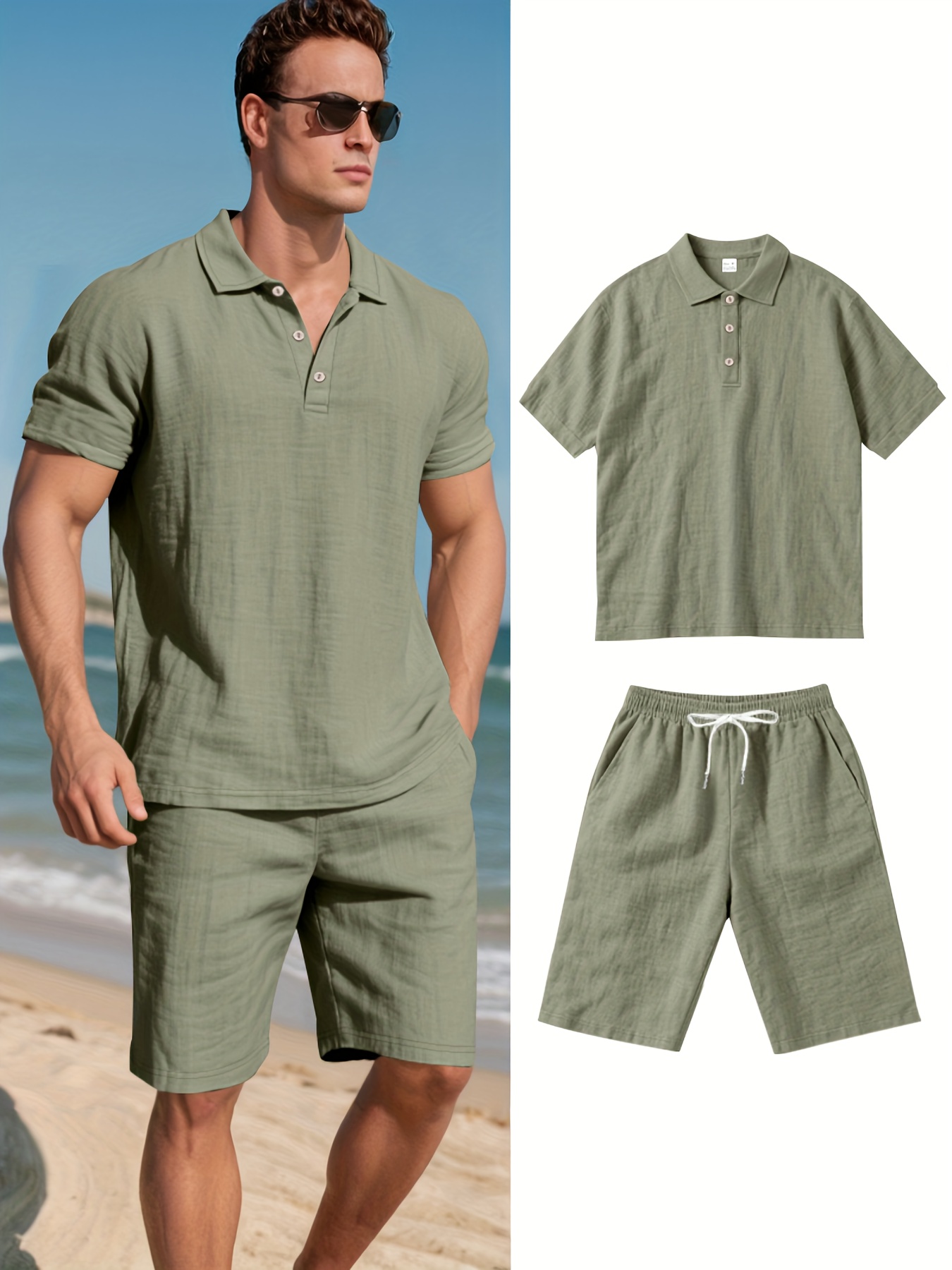 Men's Linen Short Sleeve Shorts Set, Summer Outdoor Sports Casual Breathable Short Sleeve Shirt with Shorts
