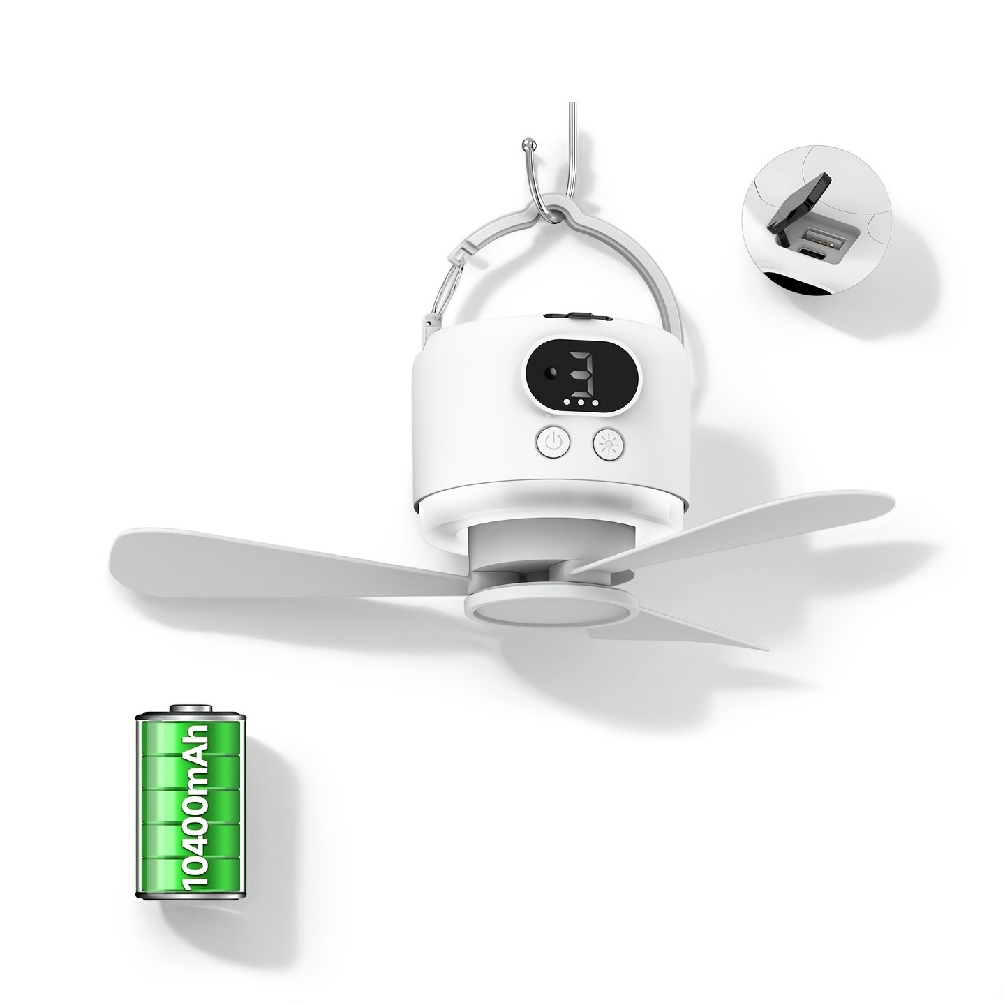 TEMU Portable Camping Ceiling Fan, 10400mah, Usb Rechargeable Tent Fan With Remote Control, Led Light, Detachable , 4-speed Settings