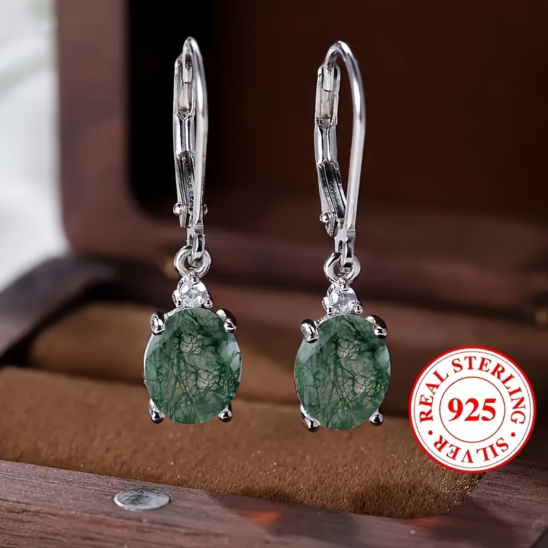 

A Pair Of 925 Sterling Silver Inlaid Water Grass Agate Earrings With Egg Shape In Multiple Colors For You To Choose From, Matching Daily Clothing, Party Decoration, High-quality Jewelry 3g