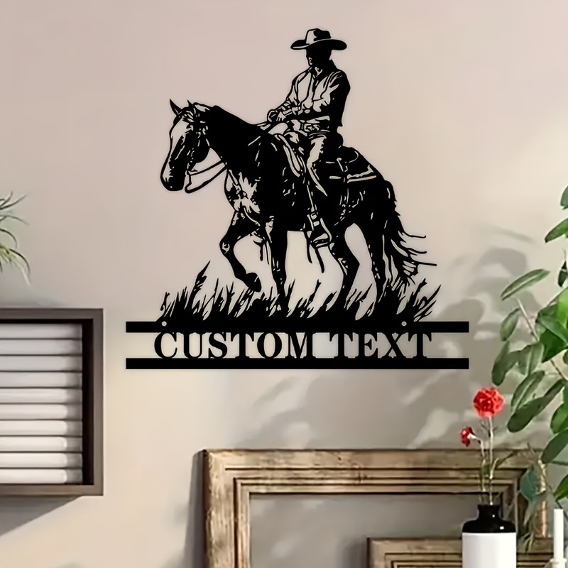 TEMU Personalized Western Cowboy Wall Art - Custom Text Iron Plaque With Silhouette Of A Cowboy On , Rustic Home Decor For Living Room Or Office,