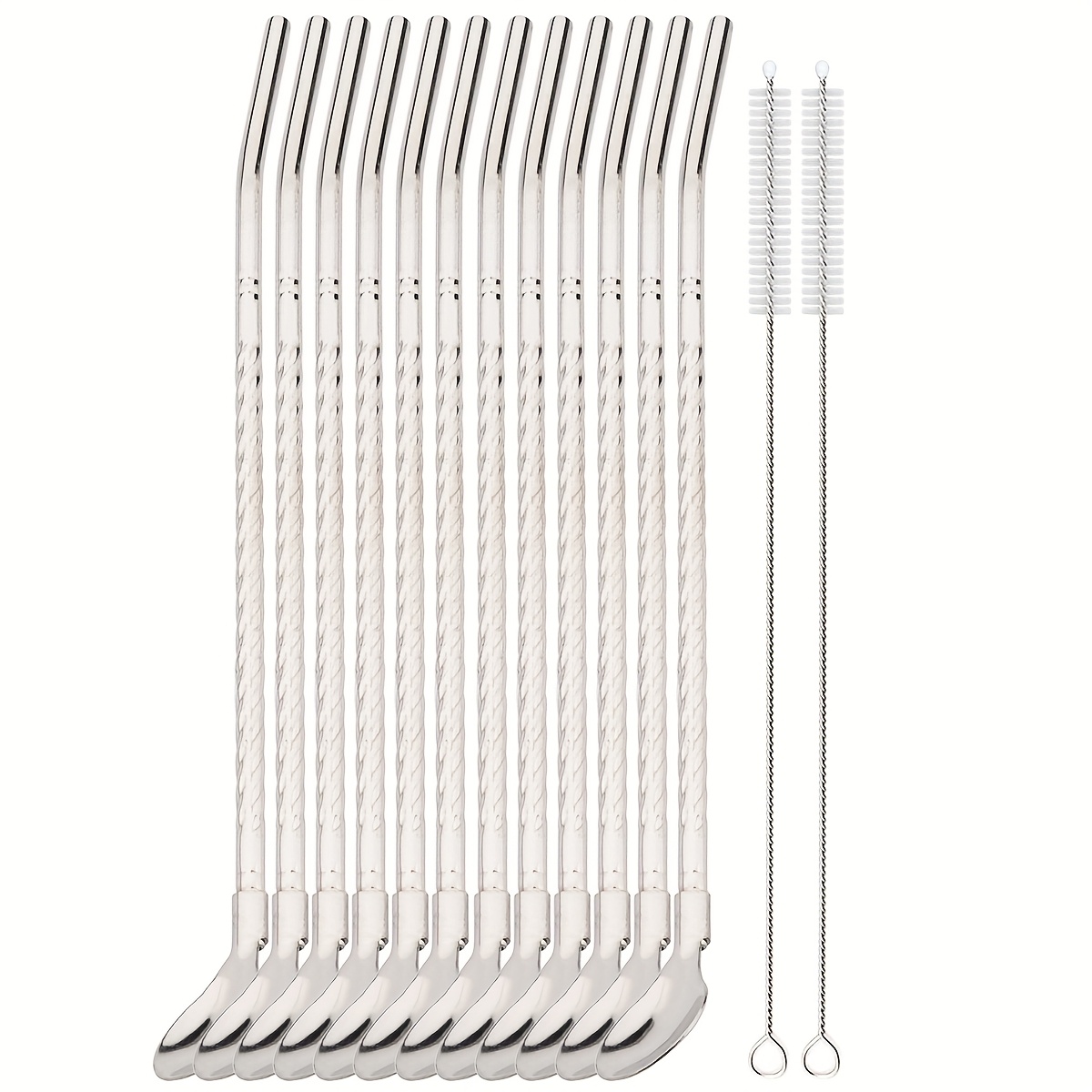 Image of 12pcs Set Of 304 Stainless Steel Straws, 2-in-1 Straws And Spoons, Durable Metal Straw Set With 2pcs Cleaning Brush, Suitable For Milk Tea, , Juice, Coffee, Cocktails, Kitchen Drinking Accessories