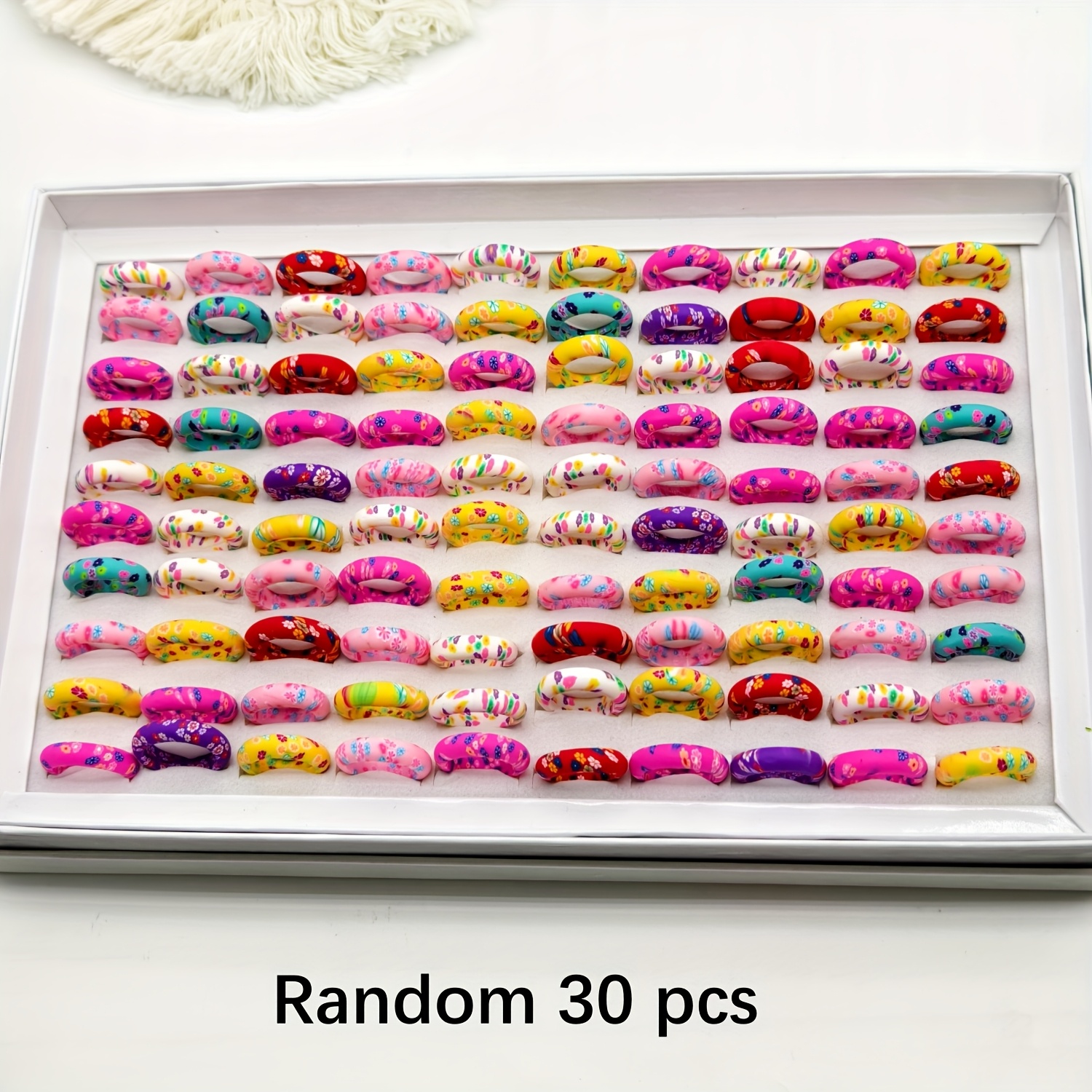 Image of Random 30pcs Vibrant Rainbow Ring Set - Assorted Geometric And Floral Designs, Soft Clay Material, Wholesale Jewelry, Suitable For Teenager And Teenagers, For Teenager, For Teenager