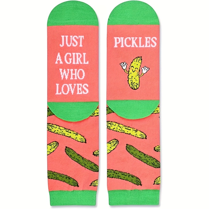 

1 Pair Novelty Pickle Themed Men's Socks - Creative Gift For - Fun And Alphabet Pattern Knit Polyester Socks With Elastane For