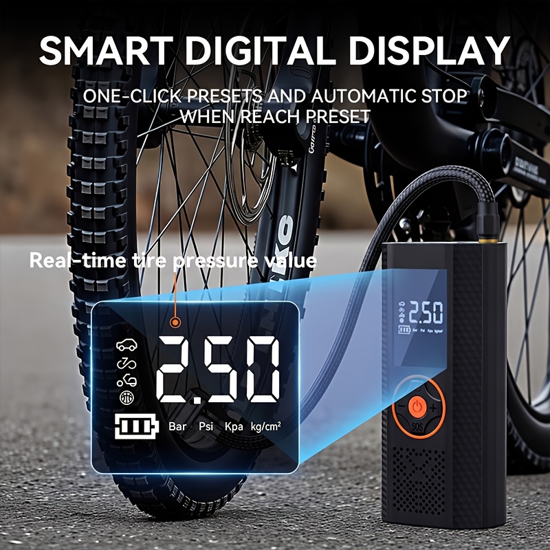 TEMU 1pc Car Tire Inflator, Portable Wheel Inflator, Wireless Tire Air Pump, Air Compressor, Equipped With Led Lighting, Tire Pressure Digital
