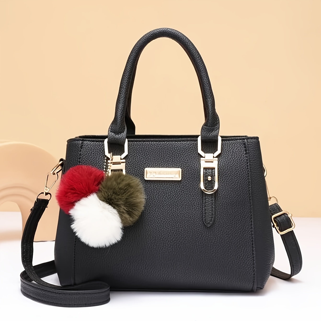 

Elegant Women's Top-handle Handbag With Fluffy Pompom Charm, Faux Leather, Solid Color, Crossbody Strap, Zip Closure With Polyester Lining, Professional And Casual Use