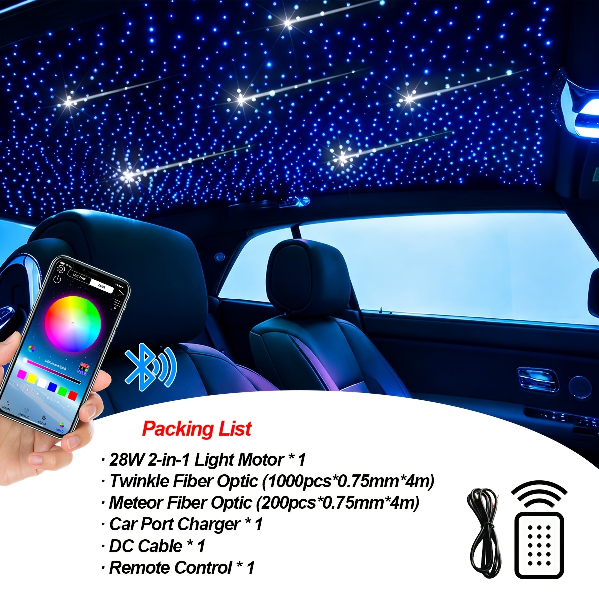 Image of 28w Rgbw Kit, 1200pcs 0.75mm Fiber Optic Lights, With Meteor Shooting Star, App&remote Control, Car Ceiling Interior Light For Vehicle Home Party Decor