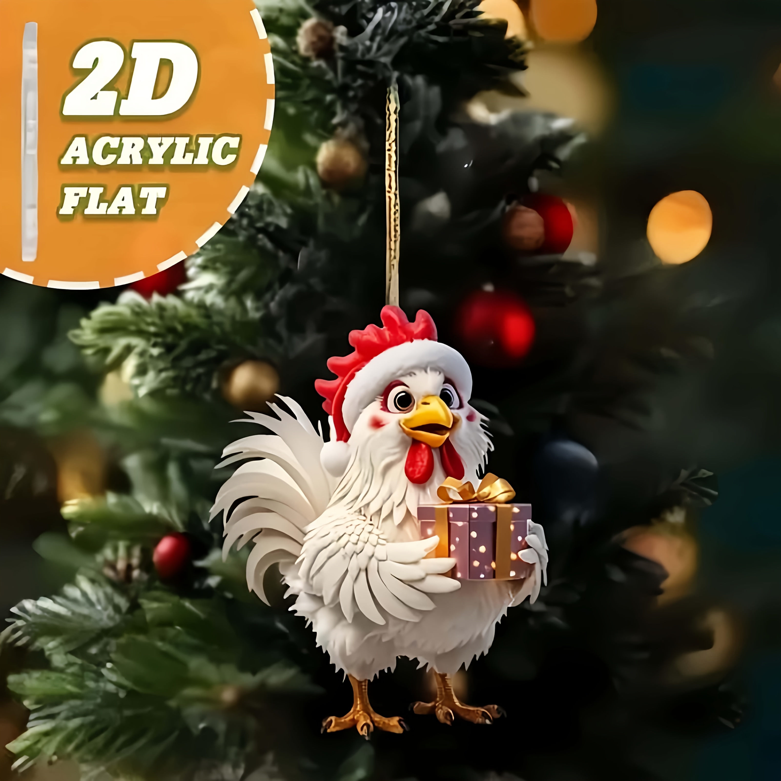 TEMU 2d Flat - 2d Plane, 1pc Christmas Acrylic Flat Design Rooster (3.15in*2.91in) Ornament For Christmas Gifts, Backpack Decoration, Book Bag