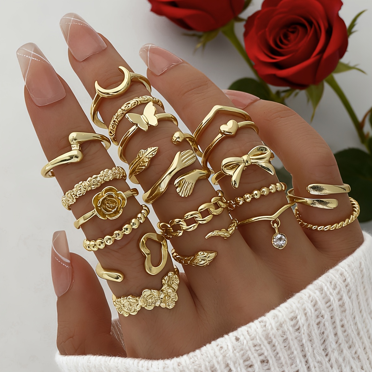 E-shop 20-teiliges plattiertes Strass-Ringset, passend für – elegantes Blumen-, Herz-, Schmetterlings- & Schleifen-Hochzeits- Valentinstagsgeschenk,