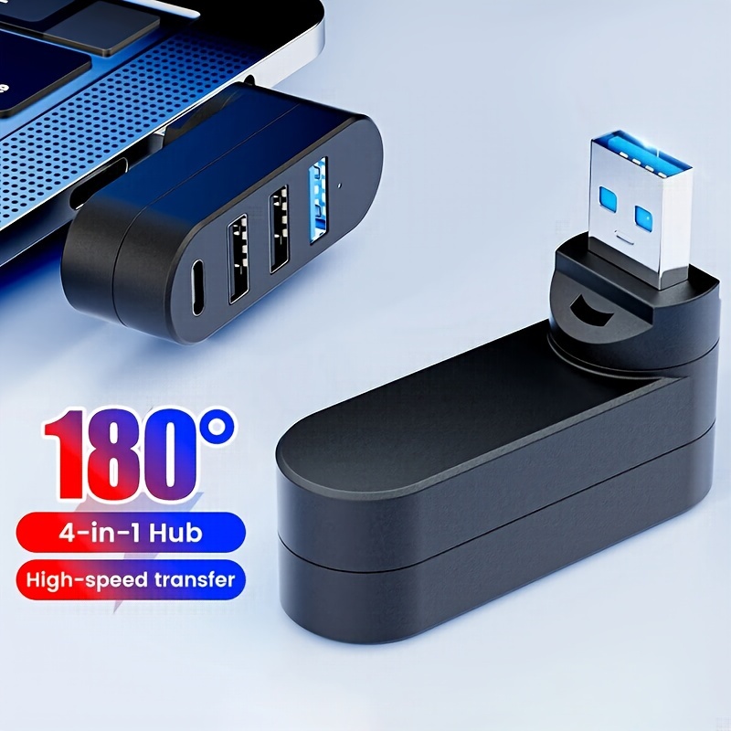 

Adaptateur Multi-Ports Compact 4-en-1 USB 3.0/2 avec Connecteur Type-C - Rotatif à 180°, Transfert Haute Vitesse, ABS, Idéal pour , Compatible avec les Accessoires PC