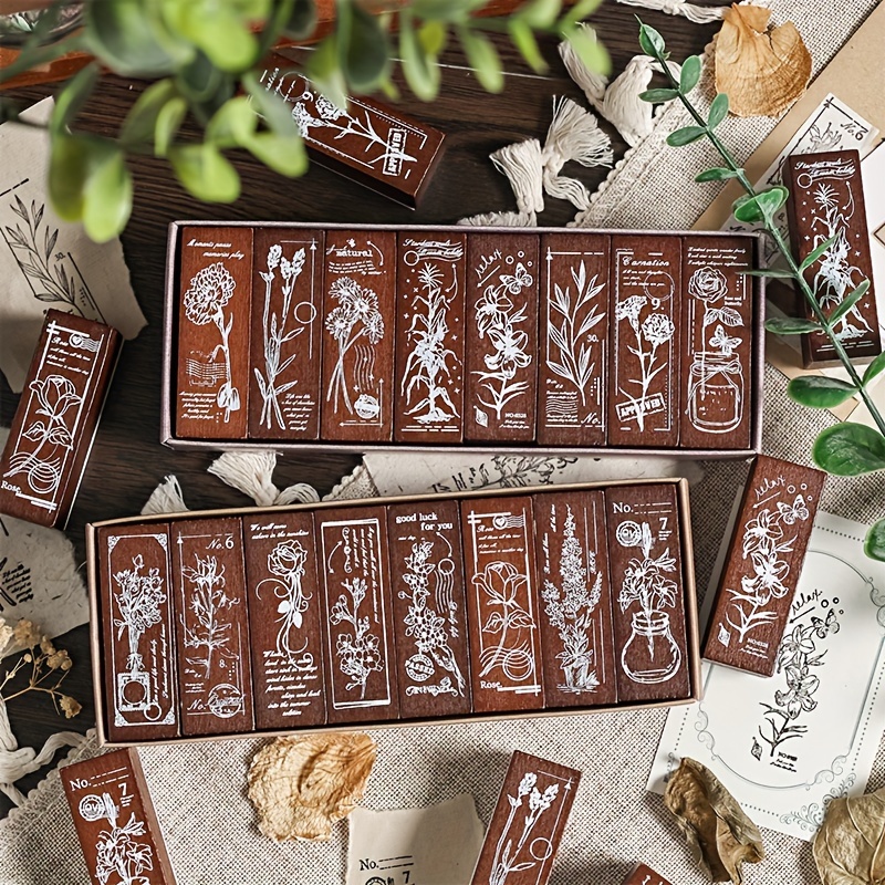

8-piece Floral Series Wooden Stamp Set For Scrapbooking & Diy Crafts - Deep Brown, Square Shape, Perfect For Journal Decoration & Photo Albums
