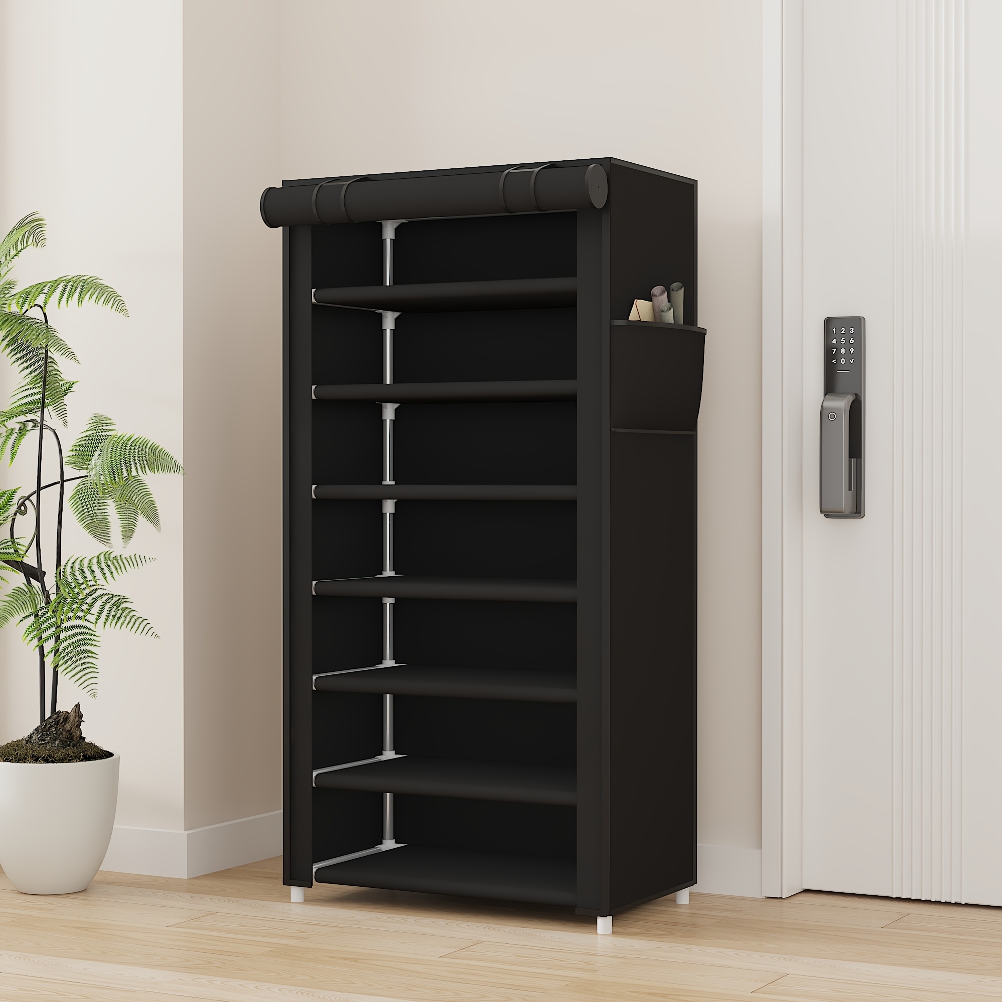 TEMU Portable Metal Shoe Storage Shelf With Dustproof Cloth Cover, Sturdy Shoe Organizer With Plastic Joint, Space- Household Storage Rack For Indoor