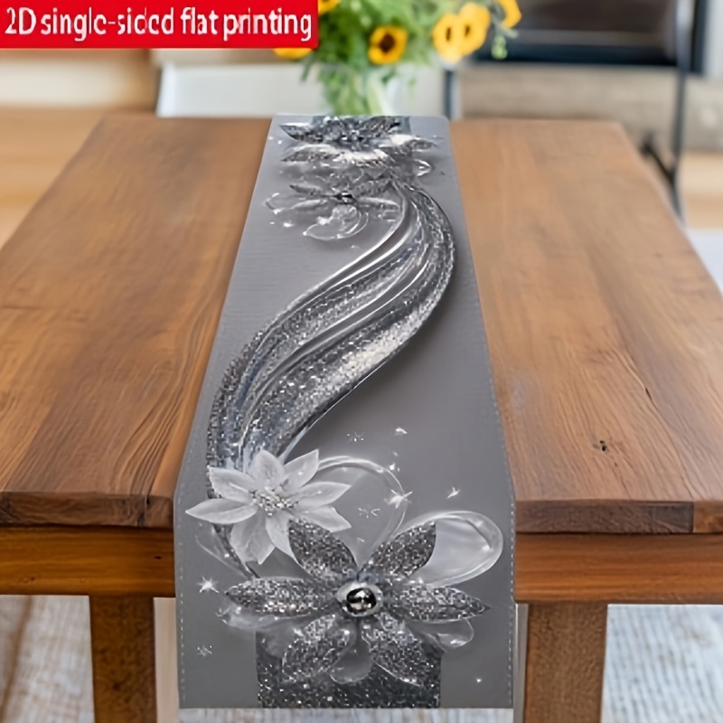 E-shop 1 Stück 2D Flachdruck, 100% Silberner Weihnachtstischläufer, Mit Schimmerndem Blumenmuster, Dynamischem Kurvendesign Sternakzenten, Die Eine