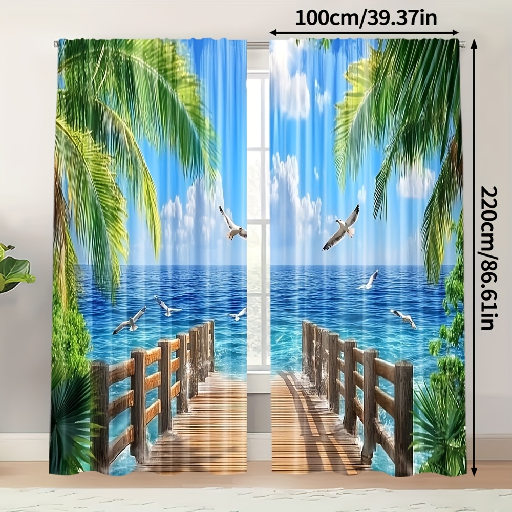 TEMU 2pcs Rideaux Paysage Tropical de - 100% Polyester, Filtrant , Facile à Accrocher - Idéal pour Chambre, Salon, Bureau - Décoration de Maison avec