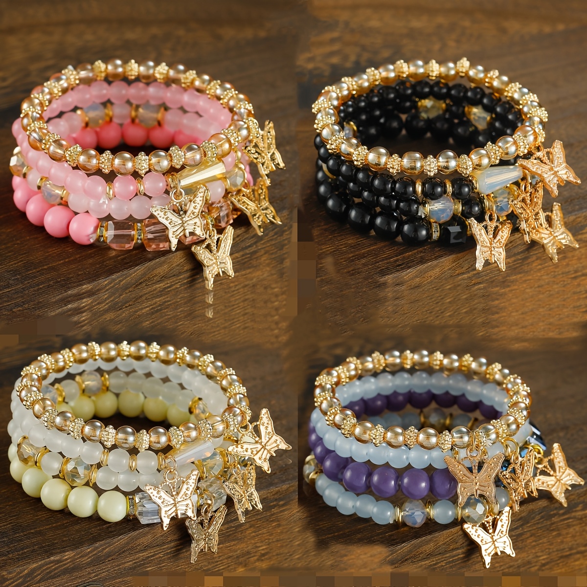 16pcs/set Of Bohemian Elegant Hand Bracelet Gifts, Sparkling Artificial Crystal Butterfly Multi-layer Beaded Fashion Bracelet, Elastic Charm Beaded Bracelet, Fashion Lady - DIY Beads, Suitable for Daily Wear, Perfect Christmas, New Year, Valentine's Day Gifts