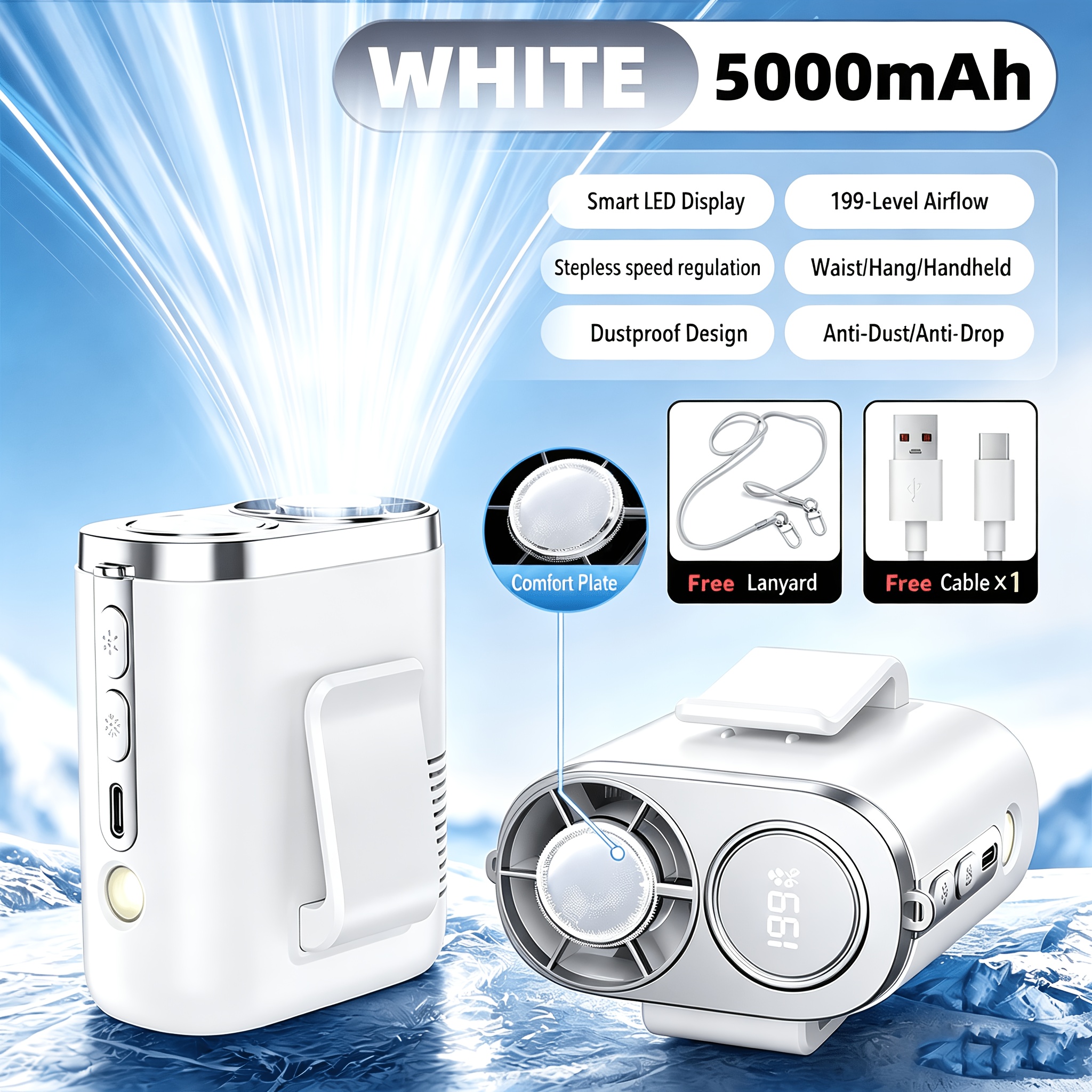 TEMU Portable Wearable Waist Clip Fan Suitable For Travel, Rechargeable Cooling System With 199 Speed Settings & 18000rpm Motor, Clip-on To