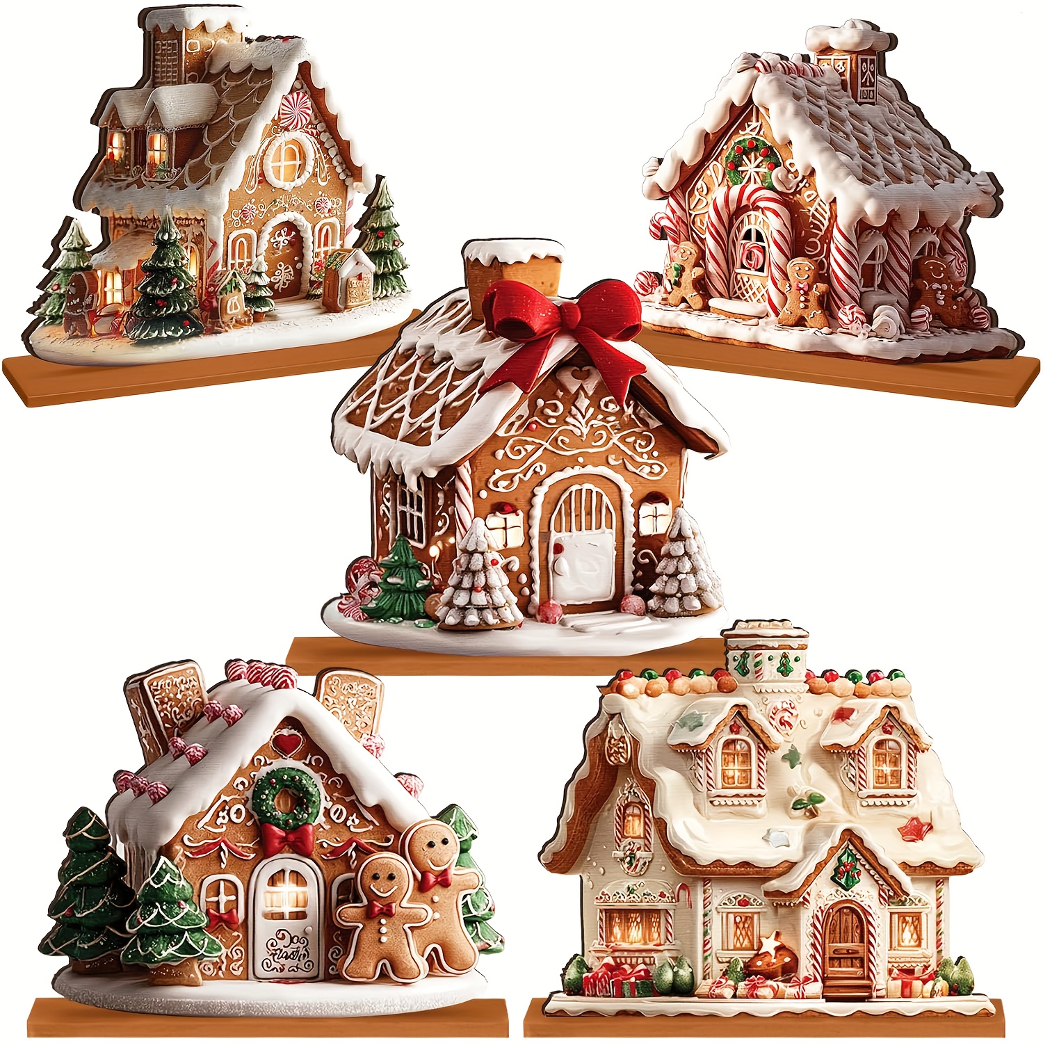 TEMU 5pcs, Gingerbread Christmas, Tabletop Decor, Wood, Gingerbread House Decor, Christmas Center Decor, Winter Decor, Suitable For, Christmas, Home,