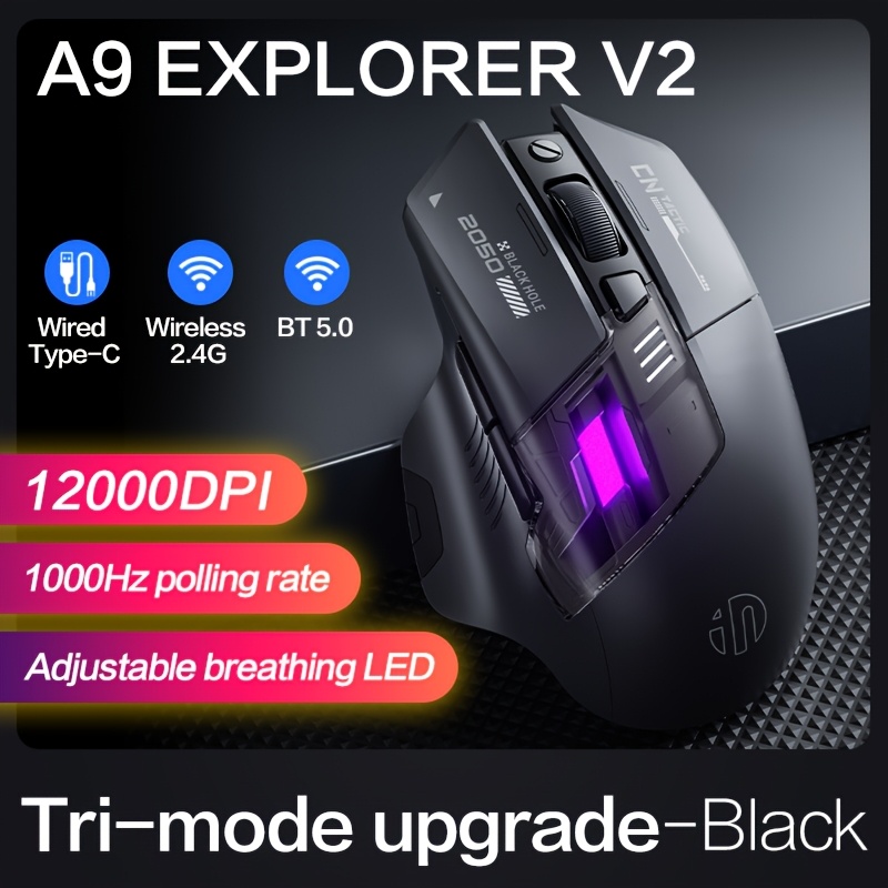 TEMU Mouse da gioco wireless INPHIC A9 EXPLORER V2 a modalit�, 12800 DPI, da gaming Pro, silenziosi, DPI regolabile in 6 fasi, design ergonomico,