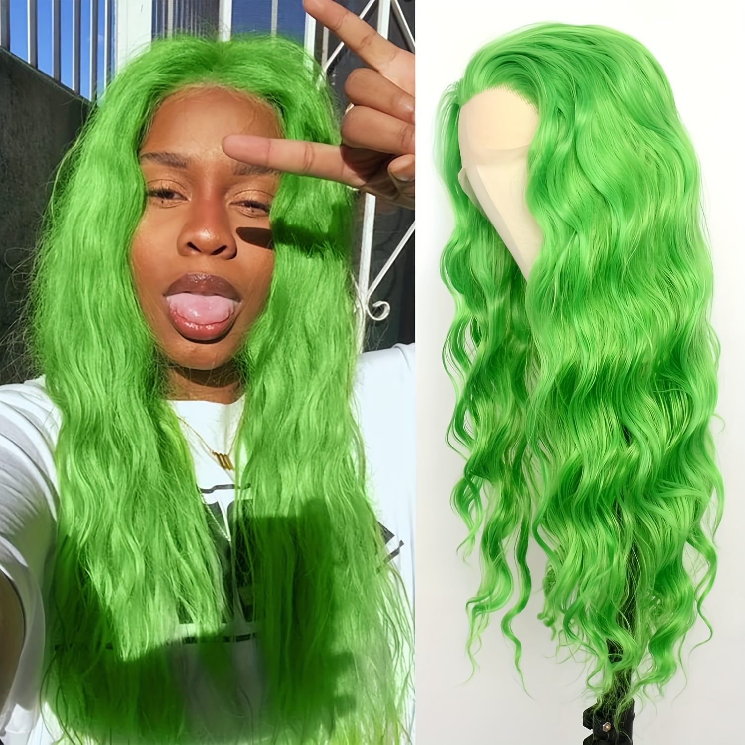 Green Long Wavy Wig Synthetic Wig Beginners Friendly Heat Resistant Party  Wigs For Women