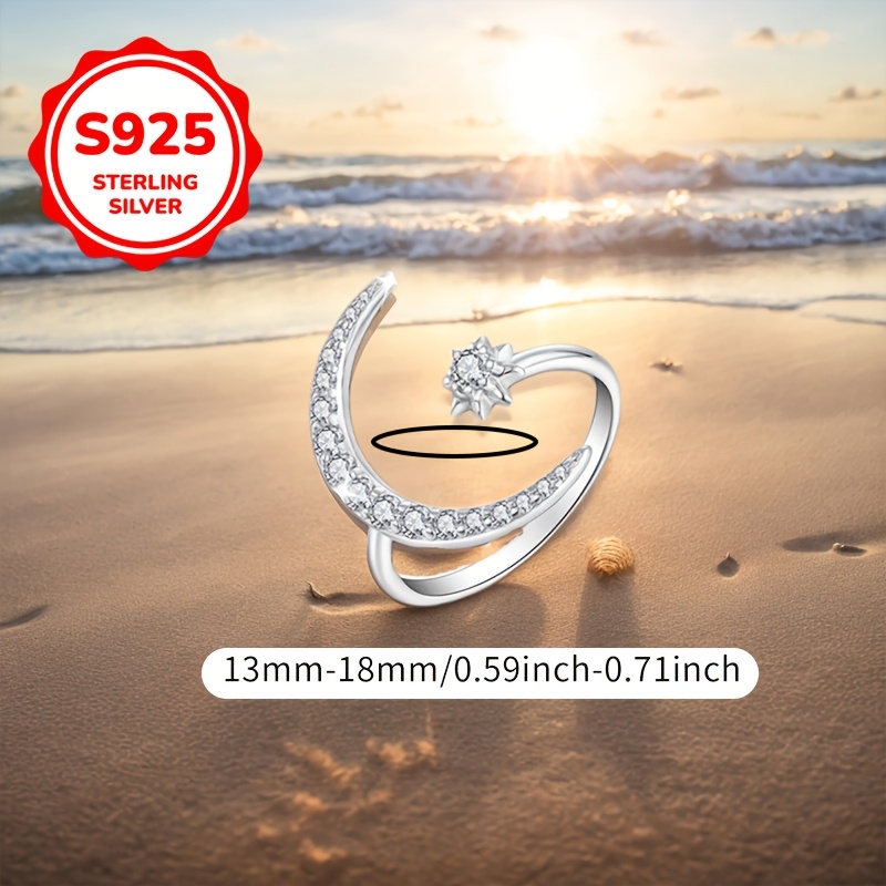 Moon & Stars CZ Open Toe Ring Set S925 Silver