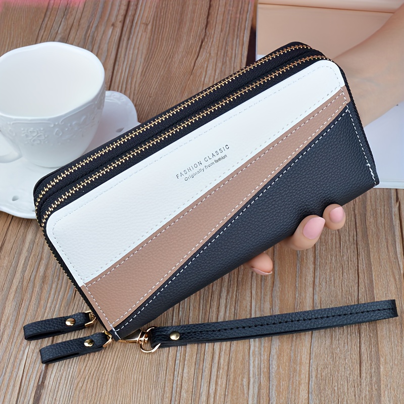 Image of -block Women' Purse, Three-color Contrast Stitching Double-zipper Wallet, Lightweight Wristlet Clutch Bag, Can Hold Phones, , Banknotes, Lipsticks, Etc., Suitable For Women.