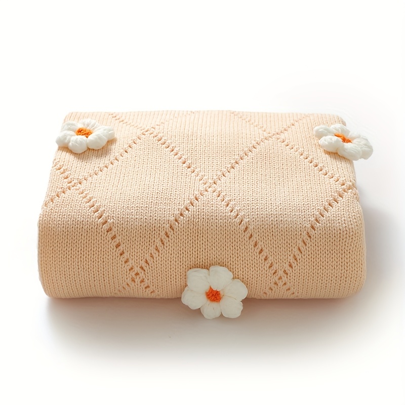 Cute Hand-Knitted Children's Blanket with Small Flower Design
