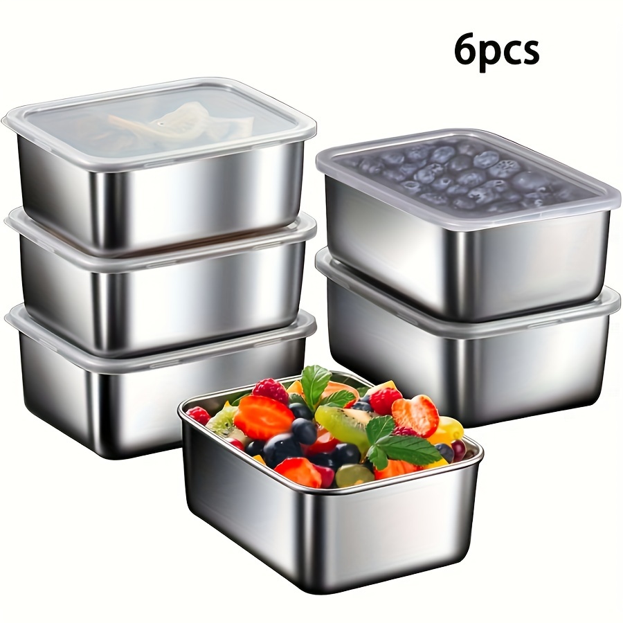 

6-pack Stainless Steel Food Containers With - Leak-proof, Dishwasher Safe, Multipurpose, Reusable, Rectangle Shape - Ideal For Camping, Picnics, Office & School Lunches, Kitchen Organization