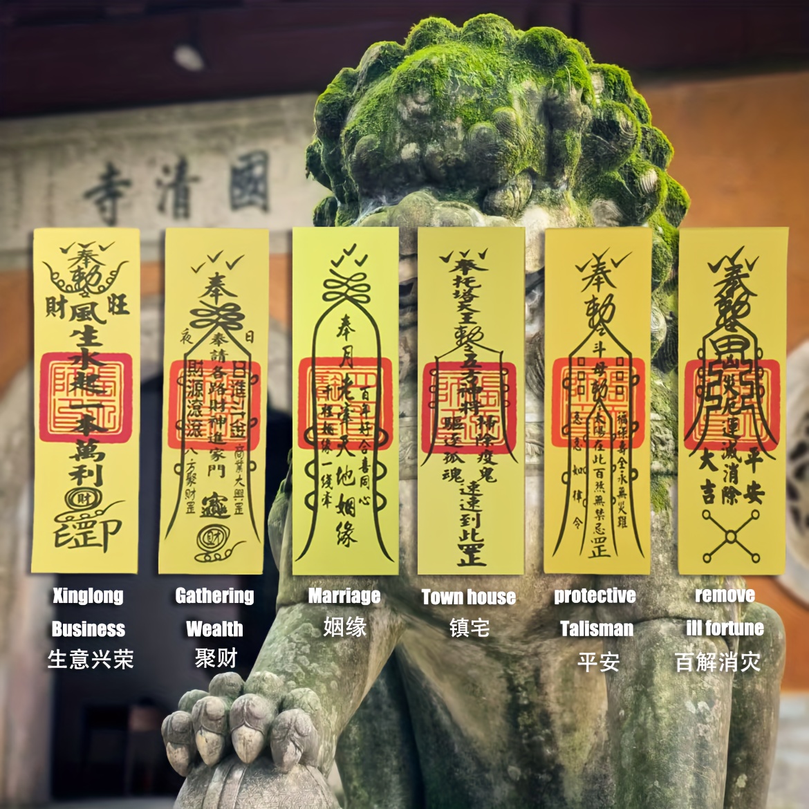 a set of six traditional chinese amulets symbolizing good luck and   business   wealth gathering marriage   peace   relief