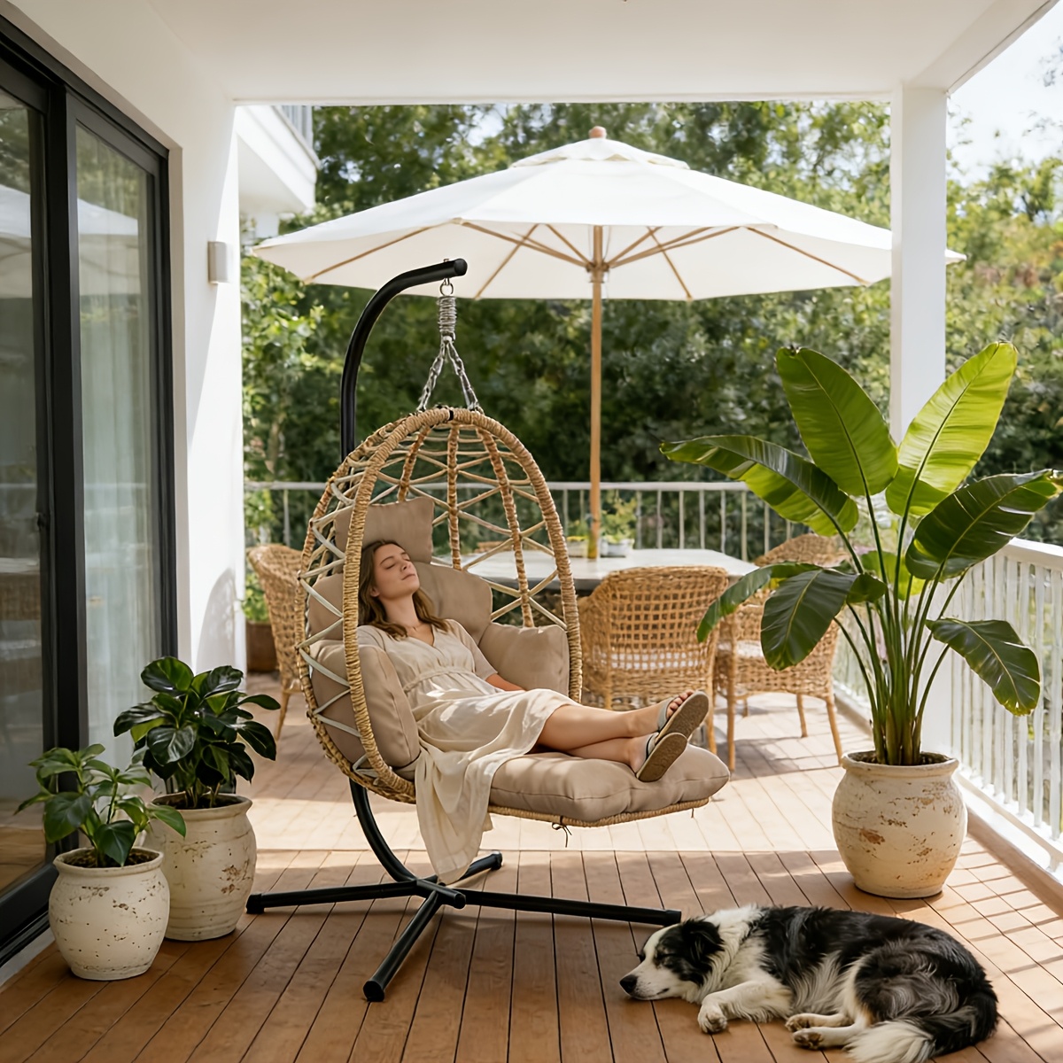 Image of A Hanging Chair Made Of Rattan With A Stand, Perfect For Outdoor Basket Chairs And Indoor Hanging Chairs. Resistant To Weather , Adjustable In Height