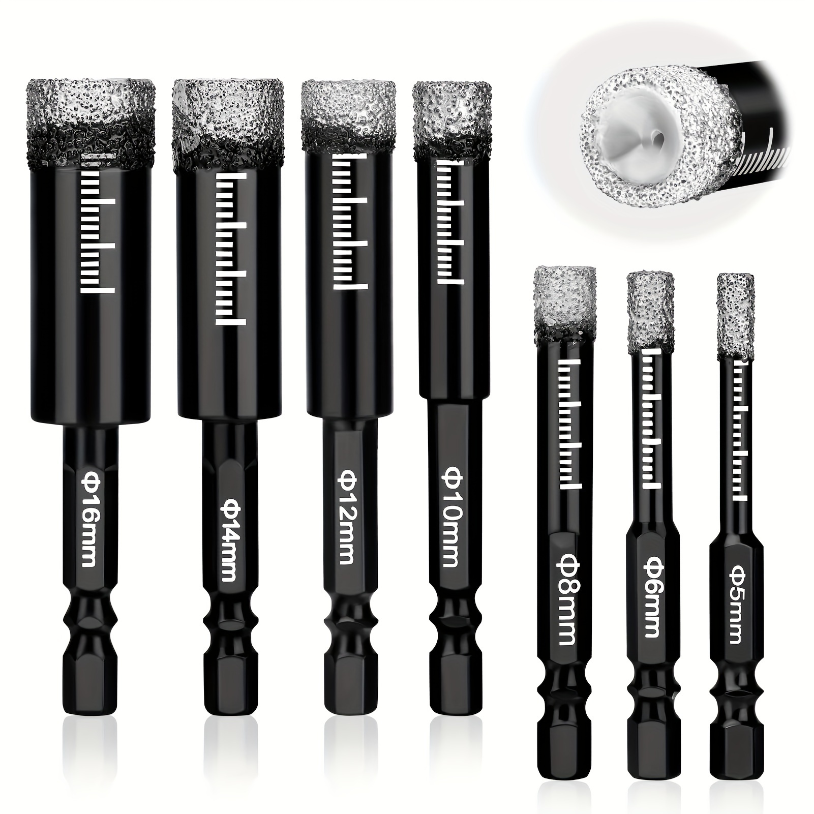 Image of 7pcs Diamond Tile Glass Drill Bit Set (5/6/8/10/12/14/16mm) Hex Shank For Ceramic, Granite, Glass, Porcelain, Tile, Porcelain Stoneware