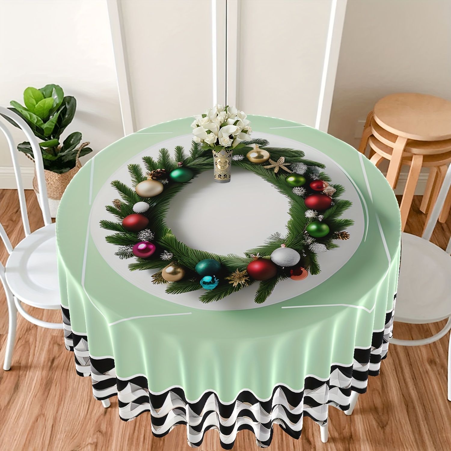 

Christmas Wreath Round Tablecloth, 63 Inch Festive Holiday Table Cover With Colorful Ornaments Pattern, 100% Polyester, Machine Woven, Water Resistant, Indoor Christmas Decor, Fits 4-6 Seat Table